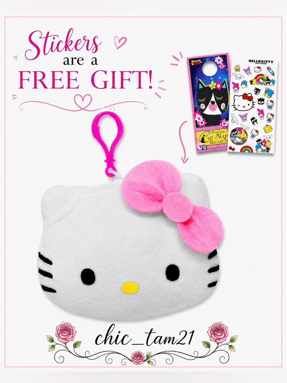 Hello Kitty White Plush Keychain with Pink Bow and Pink Clip